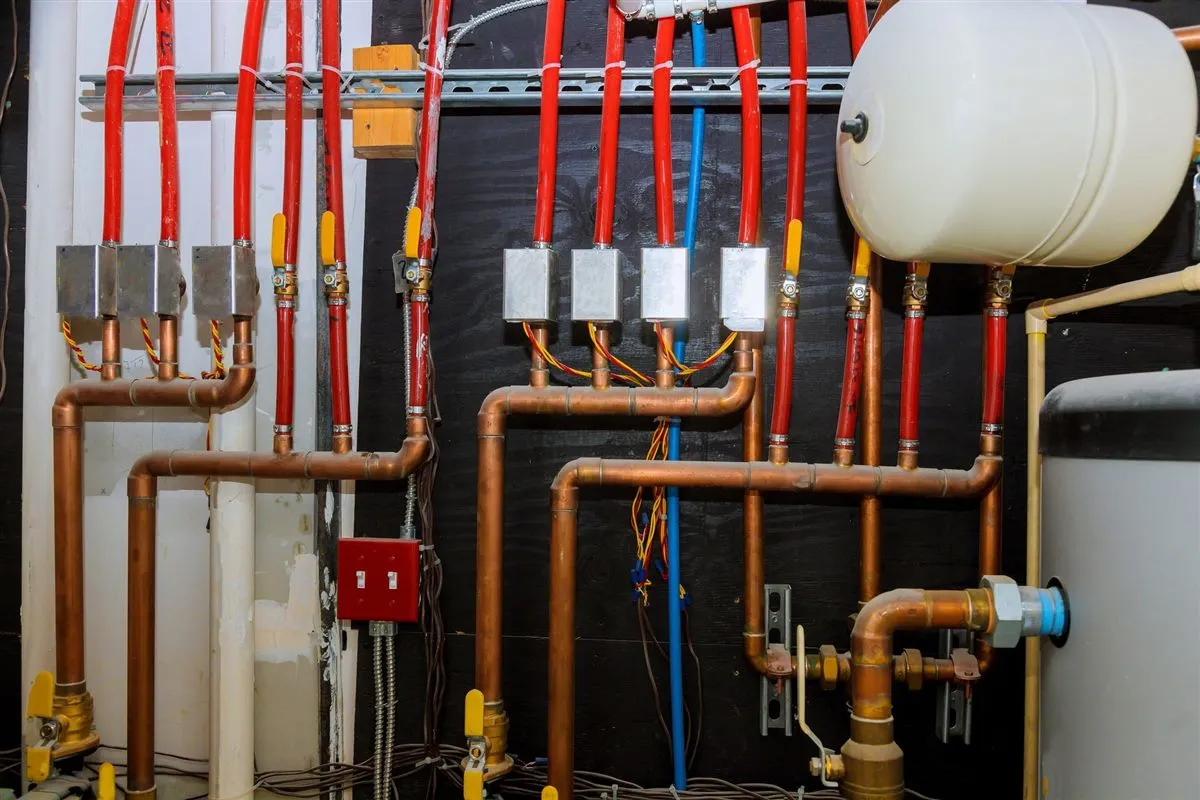 Copper and red plumbing pipe installation